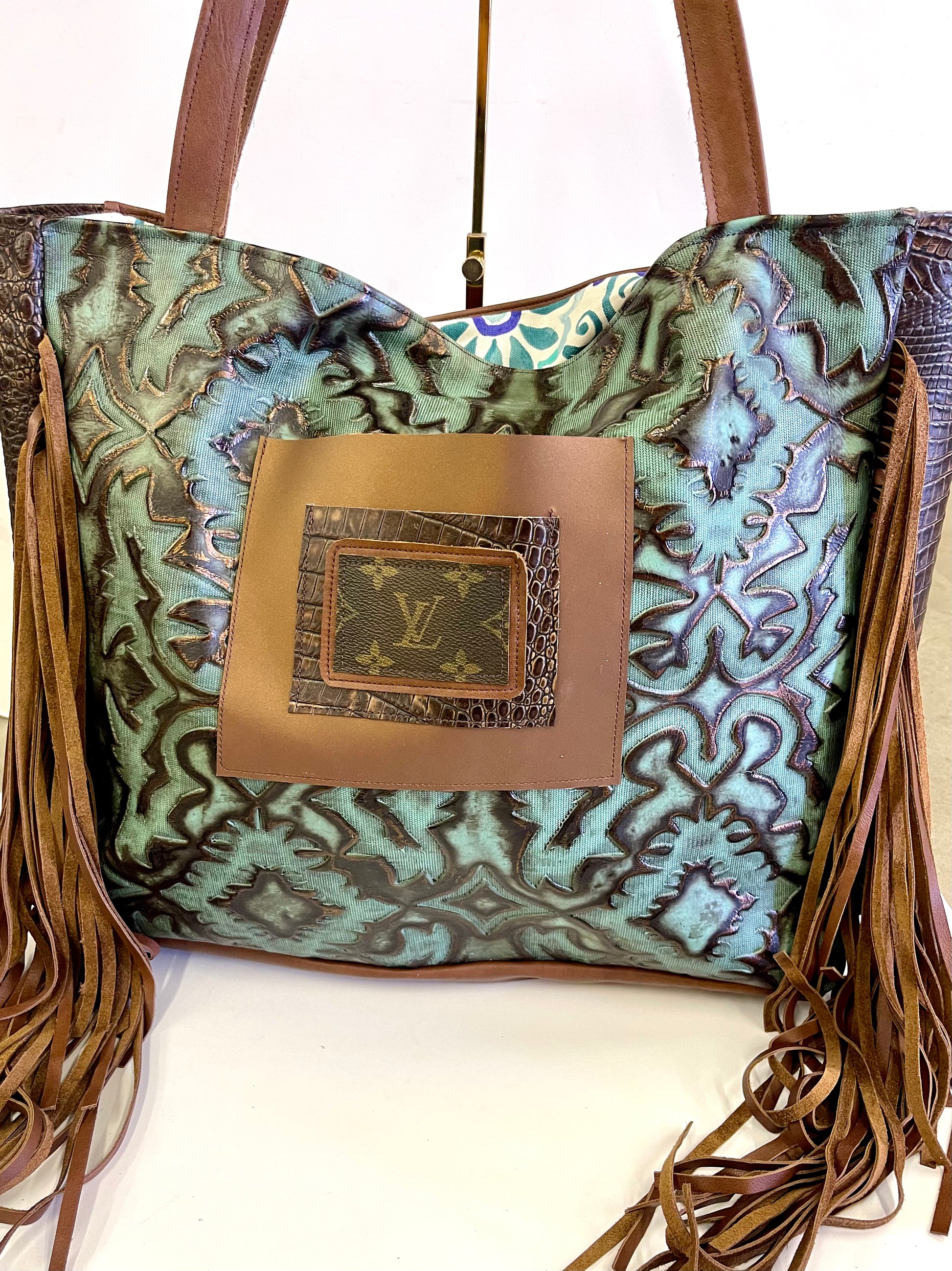 Leather Tote in Iridescent Turquoise with Brown Embossed Crocodile side - Patches Of Upcycling