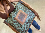 Leather Tote in Iridescent Turquoise with Brown Embossed Crocodile side