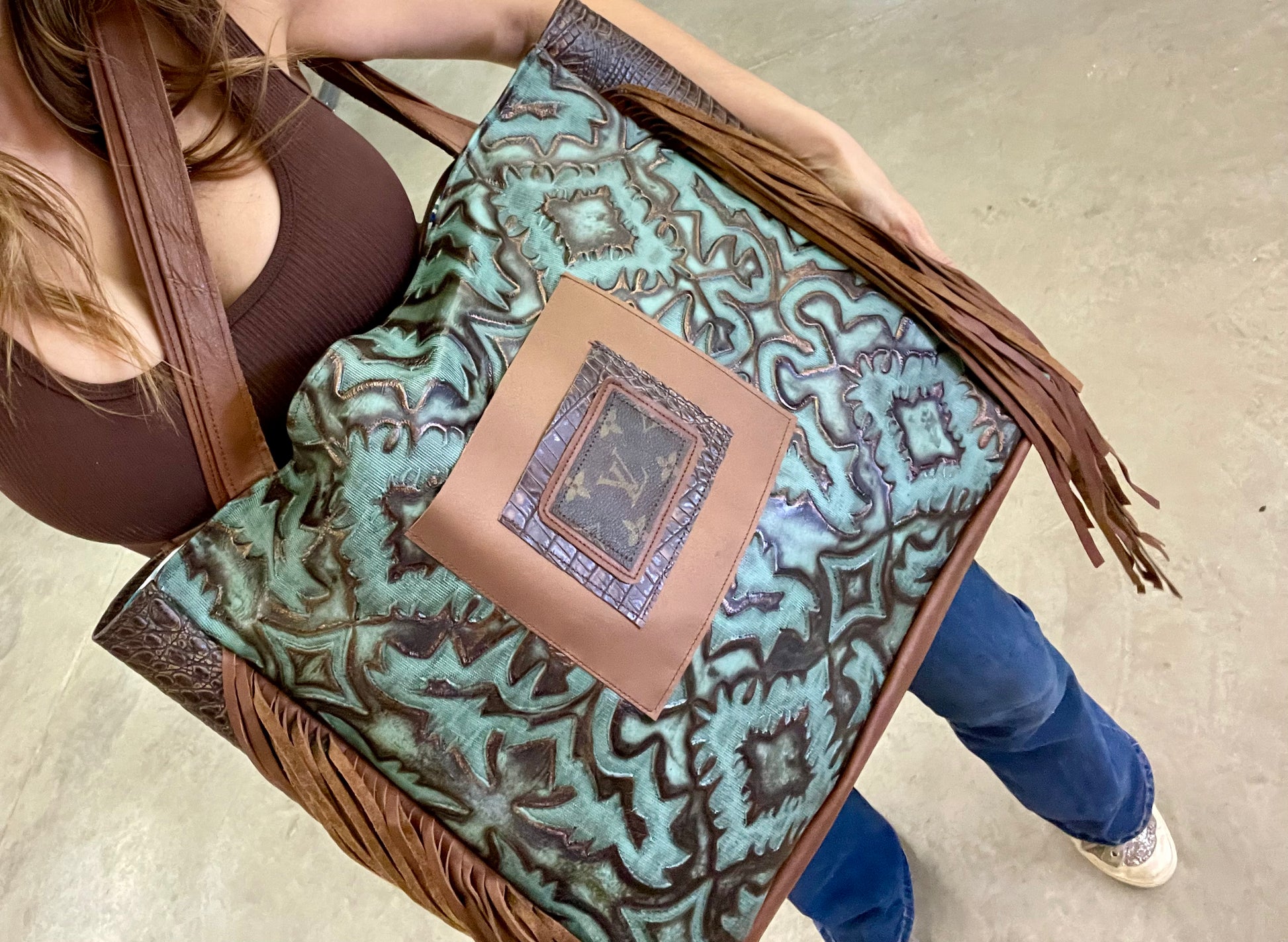 Leather Tote in Iridescent Turquoise with Brown Embossed Crocodile side - Patches Of Upcycling