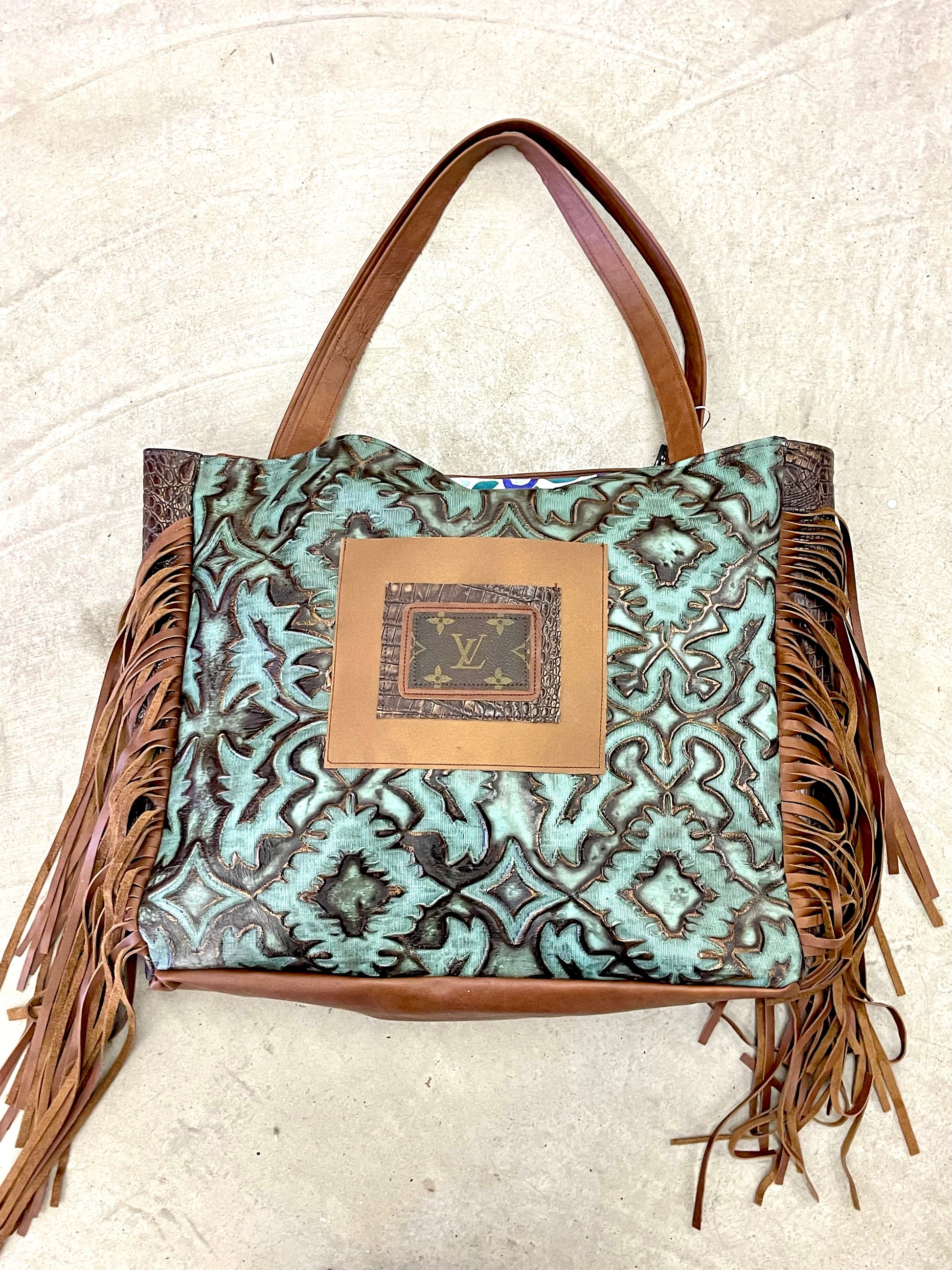 Leather Tote in Iridescent Turquoise with Brown Embossed Crocodile side - Patches Of Upcycling