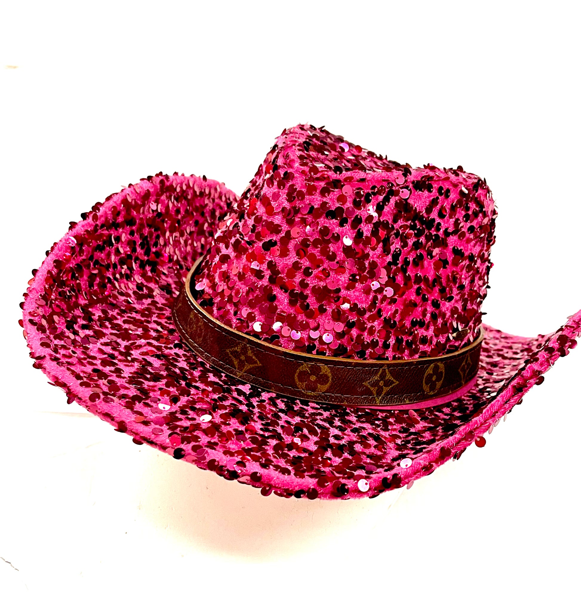 Pink Sequin Cowgirl Hat with flourish hat belt - Patches Of Upcycling