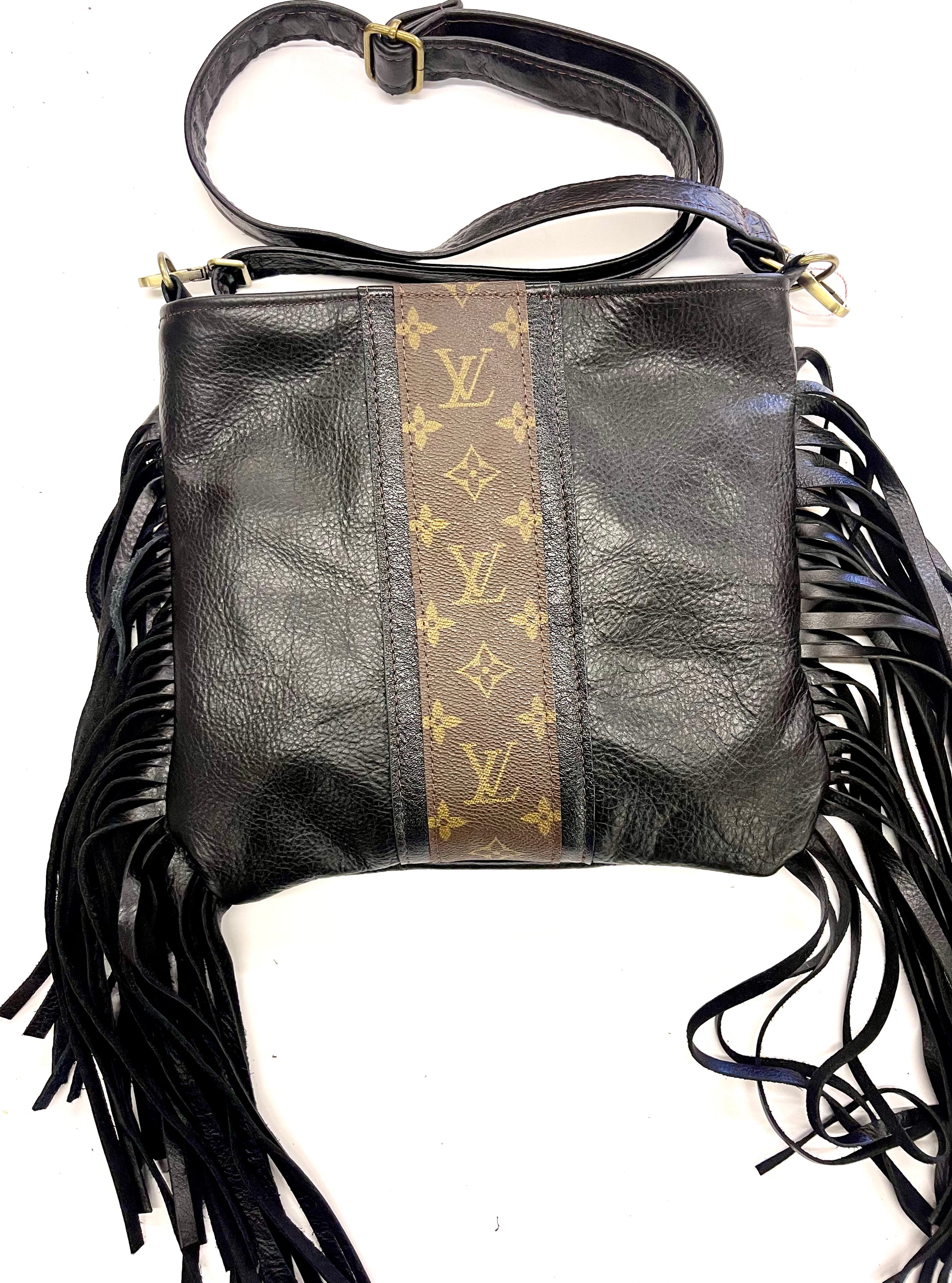 Medium Crossbody black in black shine strip - Patches Of Upcycling Yes fringe Handbags Patches Of Upcycling