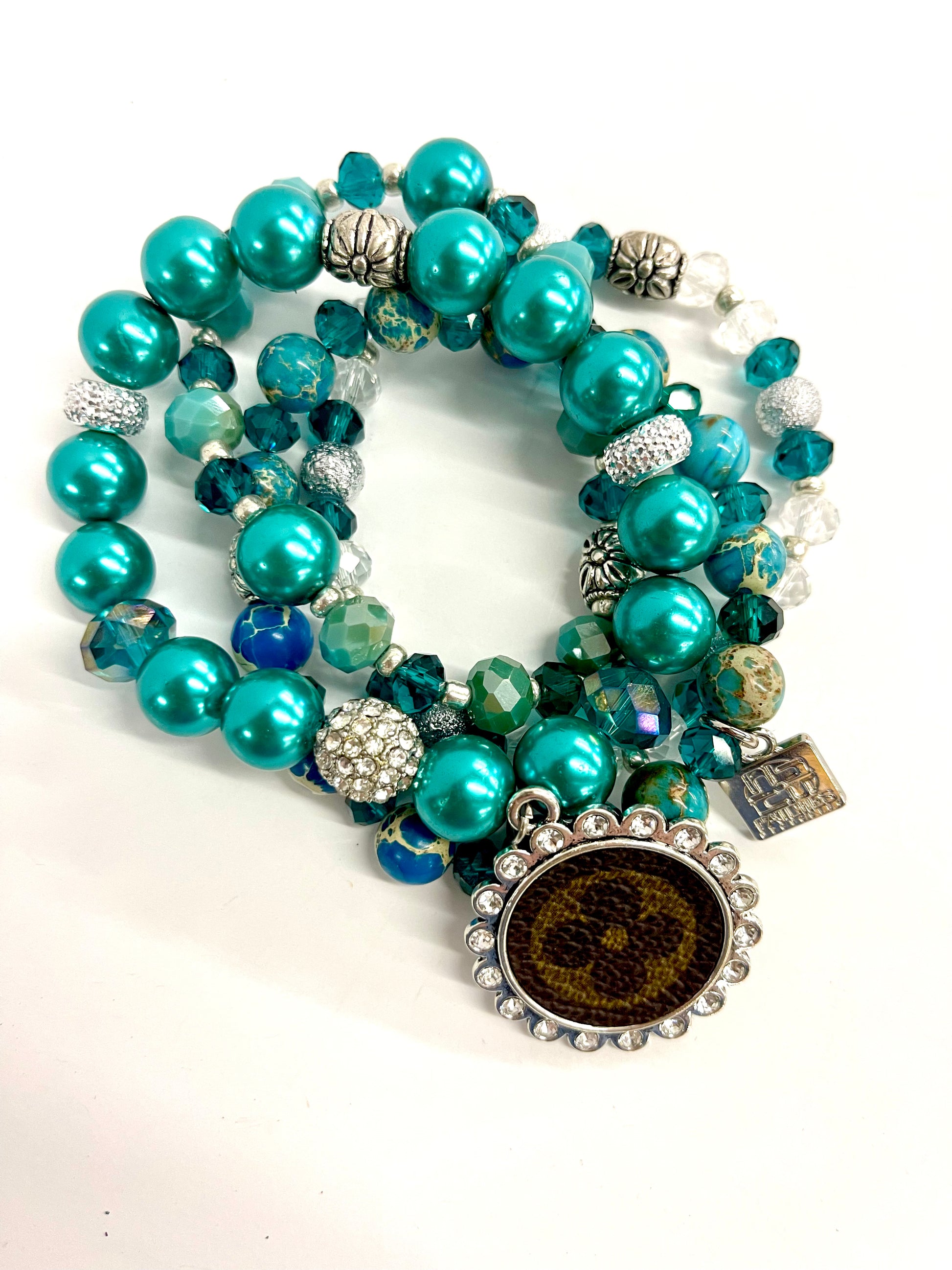 Turquoise bling Stacked Bracelet set- Silver Clear - Patches Of Upcycling