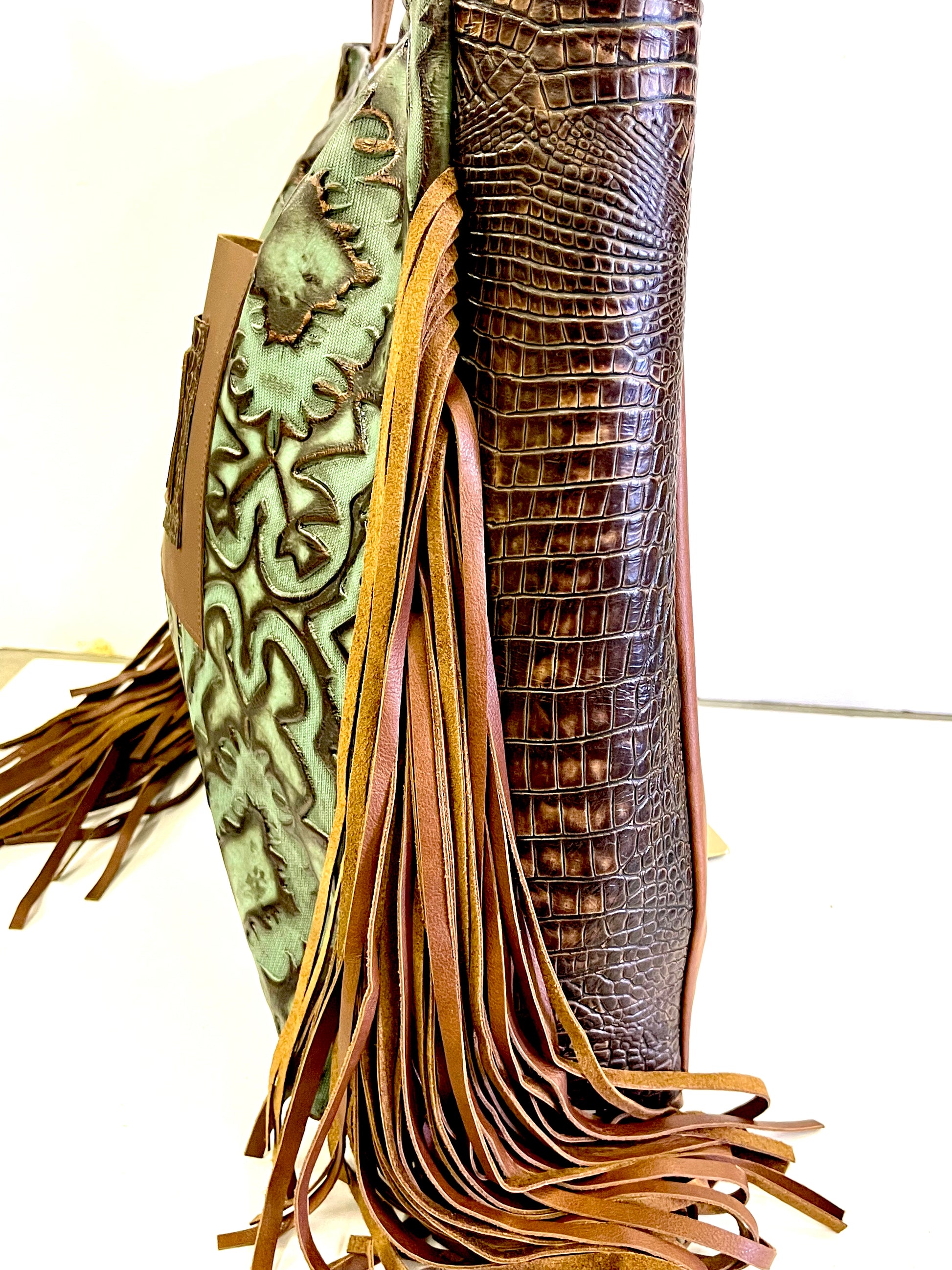 Leather Tote in Iridescent Turquoise with Brown Embossed Crocodile side - Patches Of Upcycling