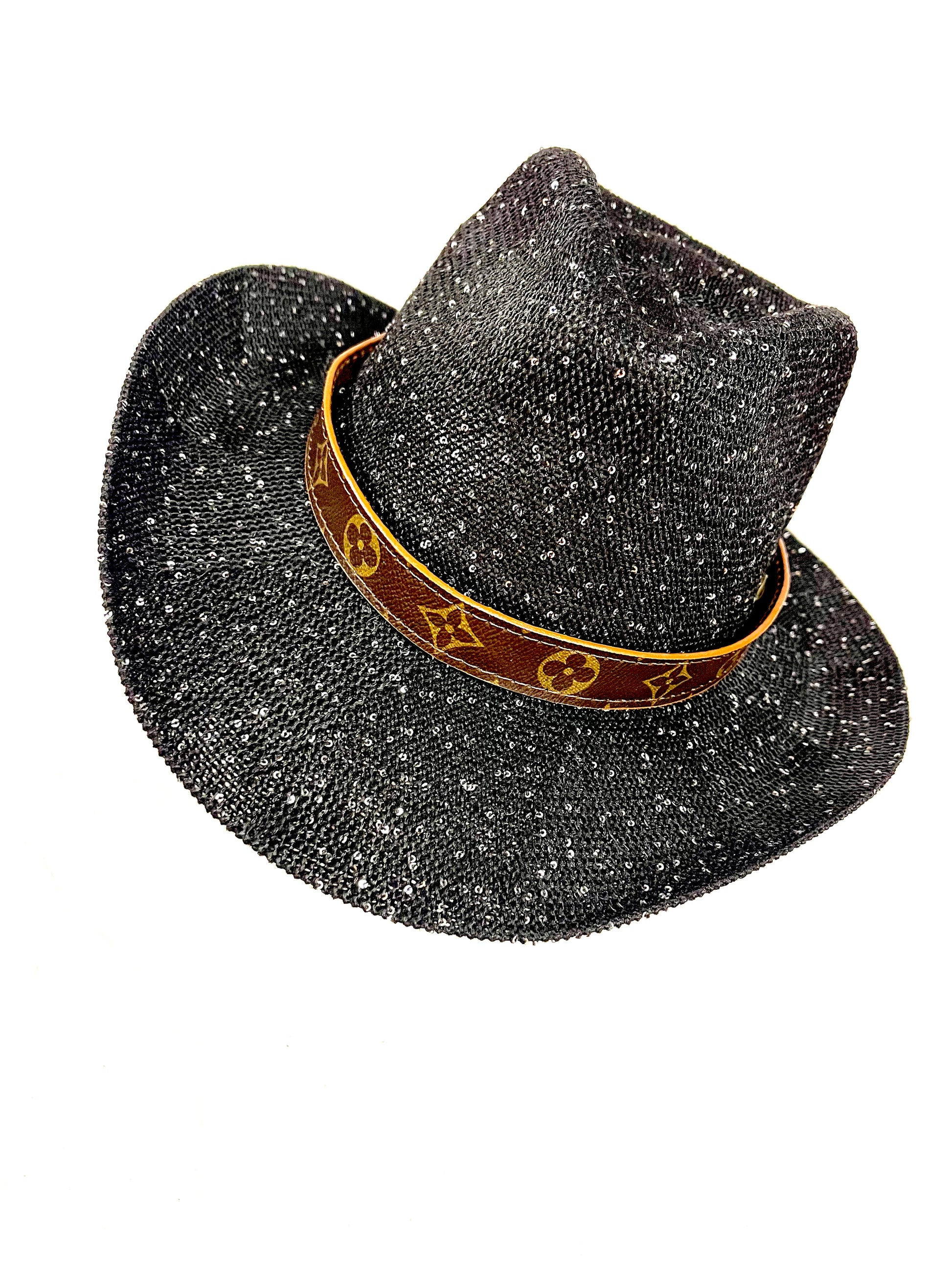 Black Sparkle Cowgirl Hat with flourish hat belt UPF 50+ sun protection - Patches Of Upcycling