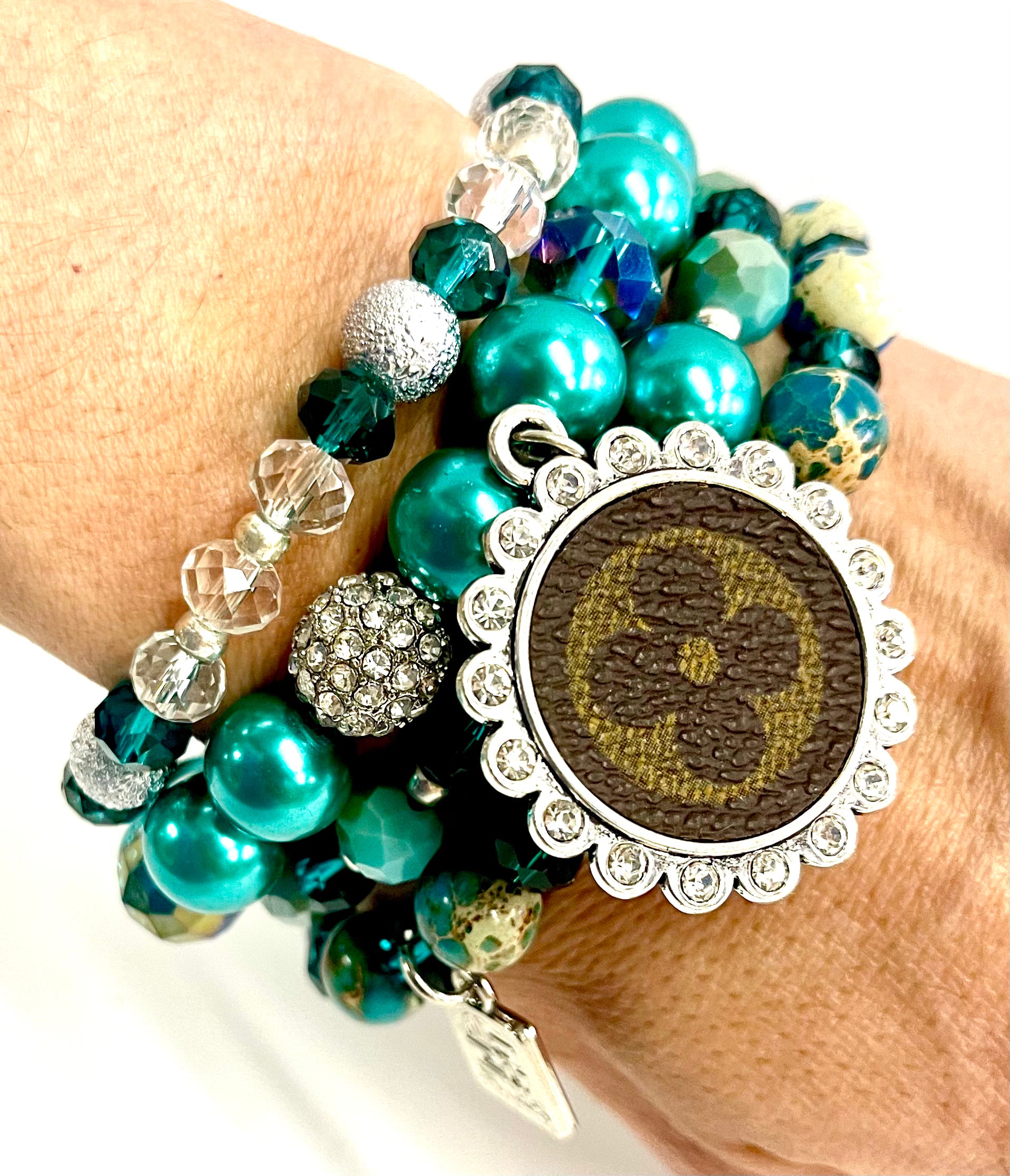 Turquoise bling Stacked Bracelet set- Silver Clear - Patches Of Upcycling