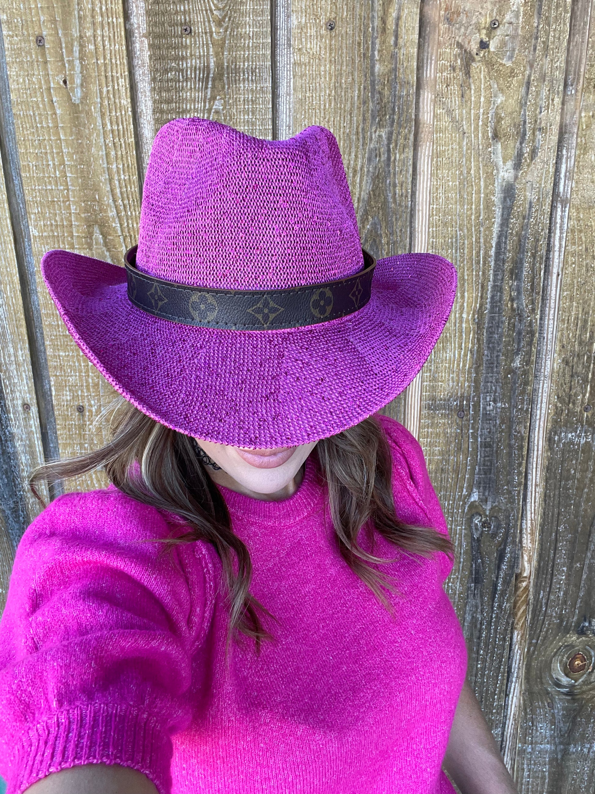 Pink Sparkle Cowgirl Hat with flourish hat belt UPF 50+ sun protection - Patches Of Upcycling