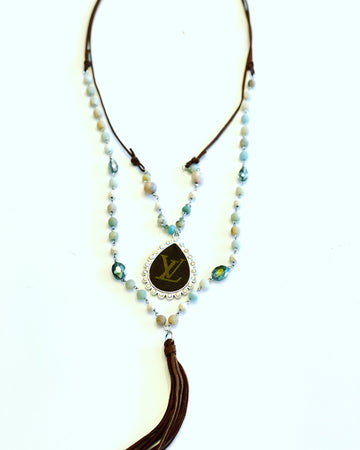 Stone- Double Layer Agate necklace with large Silver teardrop pendant