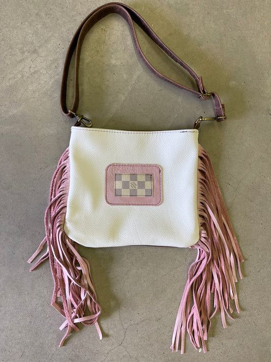 Danielle Medium Crossbody White and Pink Patch- brown backing - Patches Of Upcycling Yes fringe Handbags Patches Of Upcycling