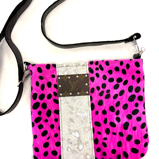 Medium Crossbody Hot pink pony hide HOH in black, rhinestone hardware - Patches Of Upcycling No fringe Handbags Patches Of Upcycling