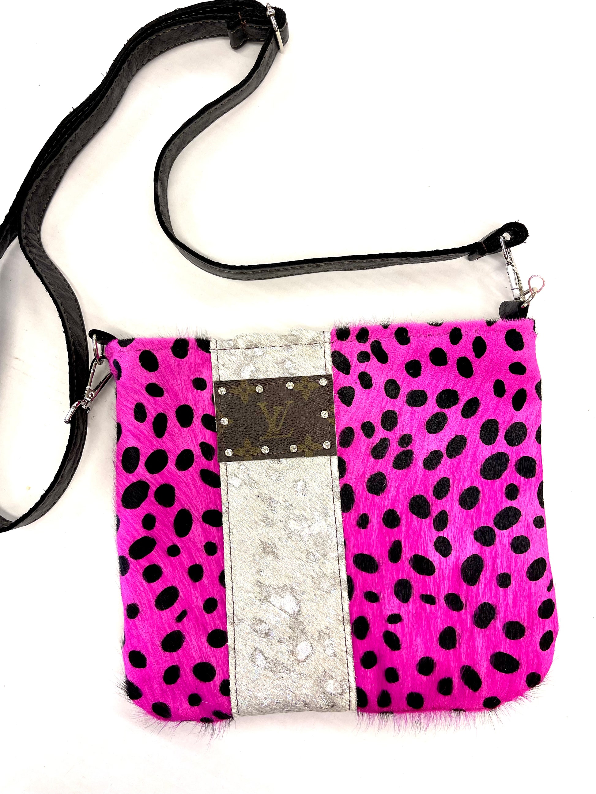 Medium Crossbody Hot pink pony hide HOH in black, rhinestone hardware - Patches Of Upcycling No fringe Handbags Patches Of Upcycling