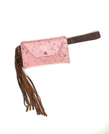 Petite Snap Wristlet with fringe in pink acid wash ( no patch) - Patches Of Upcycling