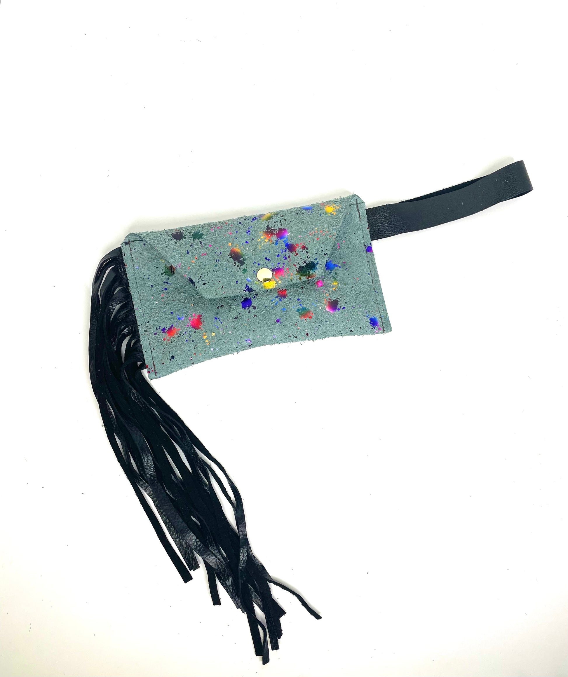 Petite Snap Wristlet with fringe in light blue & rainbow acid wash ( no patch) - Patches Of Upcycling