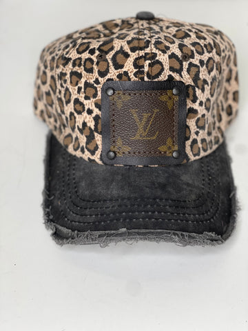 P8 - Reese Brown Leopard hat with Distressed Black bill Brown/Gold - Patches Of Upcycling