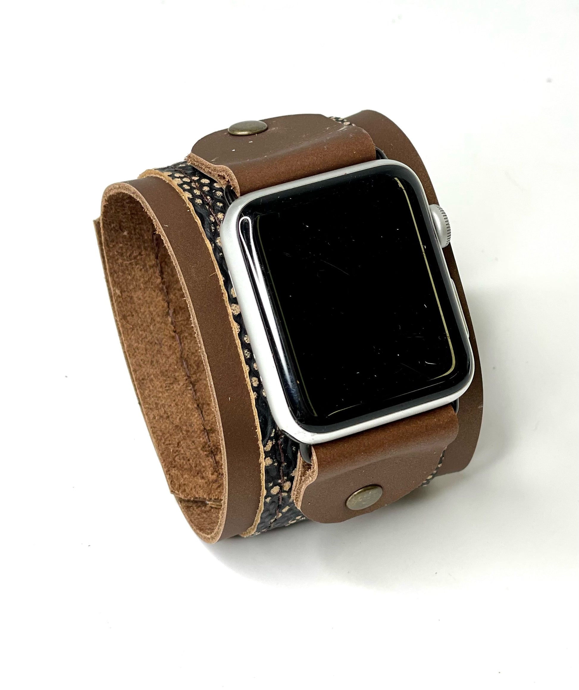 iwatch band with snaps brown leather with snakeskin accents (small) - Patches Of Upcycling