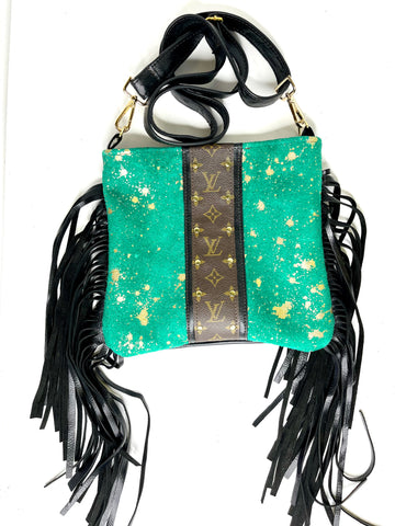 Medium Crossbody - turquoise Green Acid Gold Black strip hardware Gold - Patches Of Upcycling