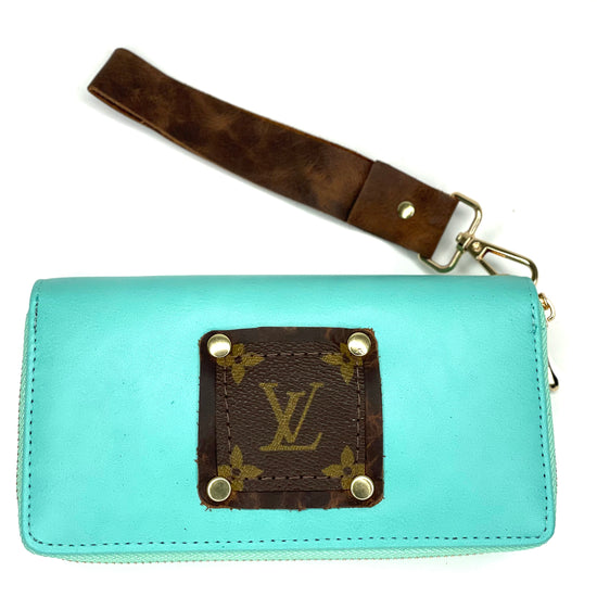 Double Wristlet Wallet Tiffany Blue (brown patch, gold hardware) - Patches Of Upcycling