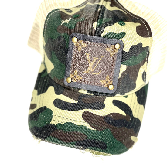 AA1 - Slight Distressed Camouflage Pony Trucker Hat Cream Mesh Back Black/Antique - Patches Of Upcycling