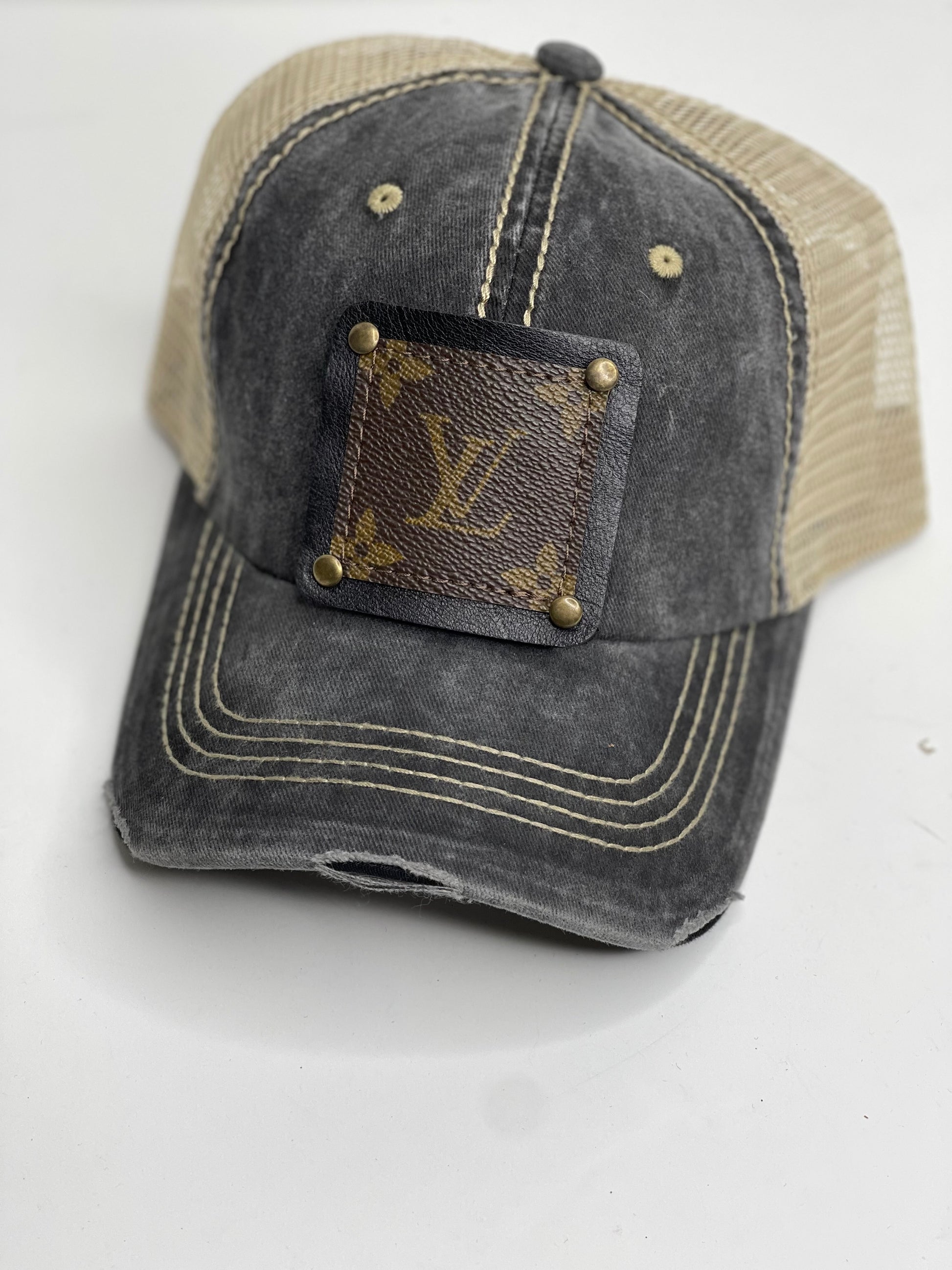 PP13 - back in stock Faded Black Distressed Hat with Cream Back Black/Antique - Patches Of Upcycling