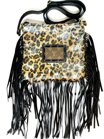 Medium Crossbody, leopard acid silver/blue in black patch hardware- black - Patches Of Upcycling