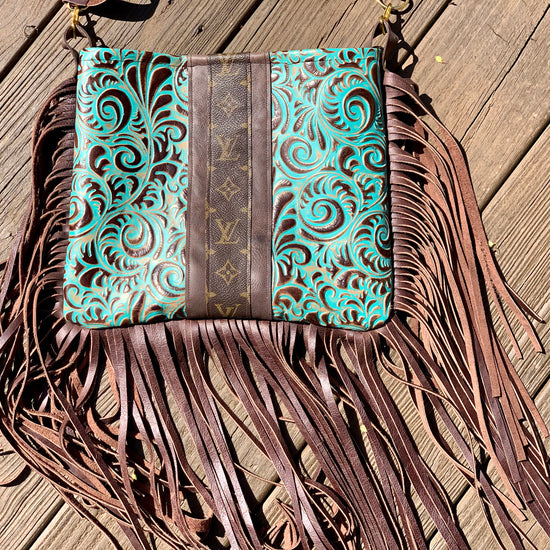 Medium Crossbody - Embossed Ariel Swirl, Brown Strip - Patches Of Upcycling