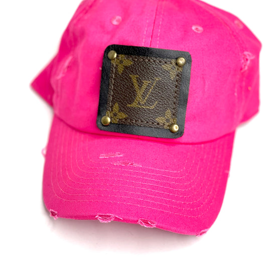 GG8 - bright Pink Distressed Dad Hat Black/Antique - Patches Of Upcycling