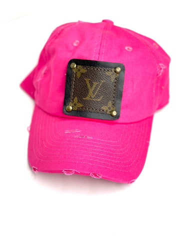 GG8 - bright Pink Distressed Dad Hat Black/Antique - Patches Of Upcycling
