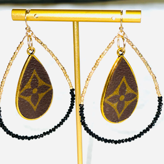 Small Black & Gold Beaded Teardrop with flourish - Patches Of Upcycling