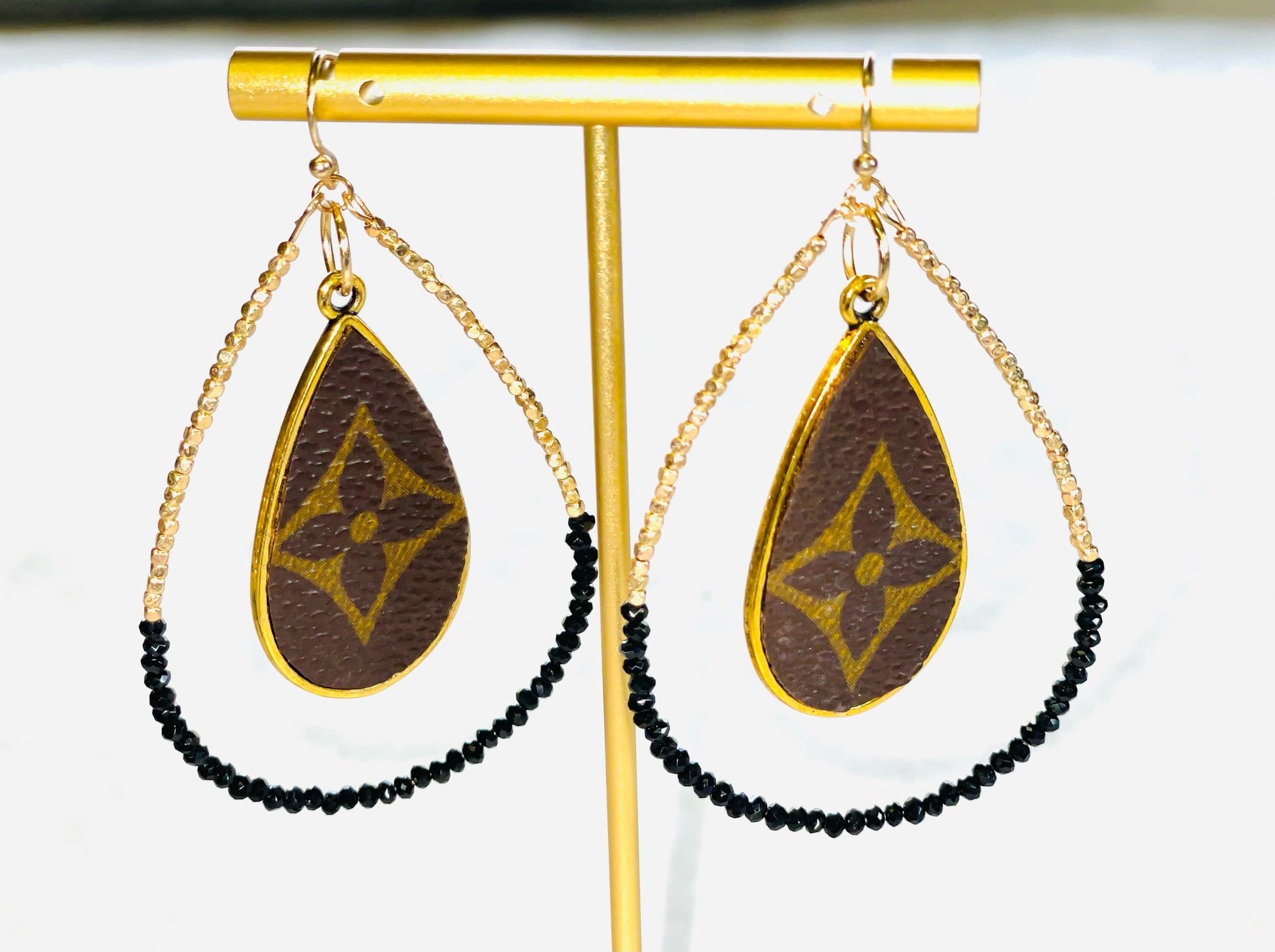 Small Black & Gold Beaded Teardrop with flourish - Patches Of Upcycling