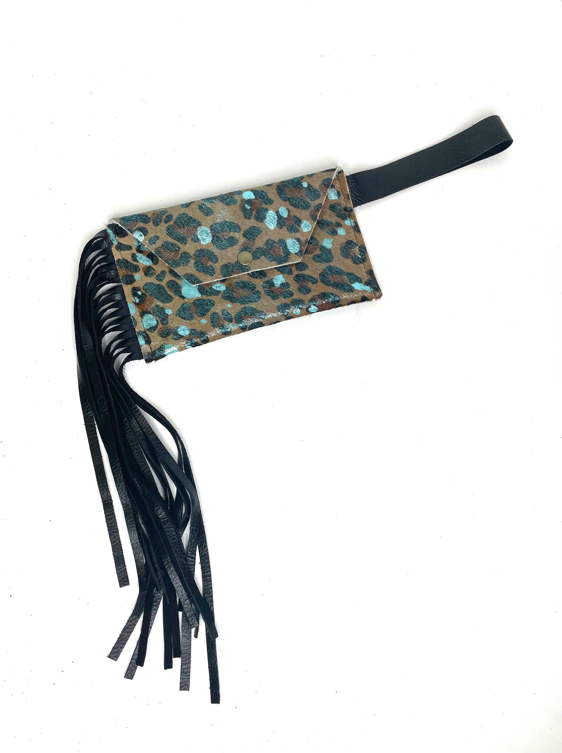 Petite Snap Wristlet with fringe in leopard with blue acid wash ( no patch) - Patches Of Upcycling
