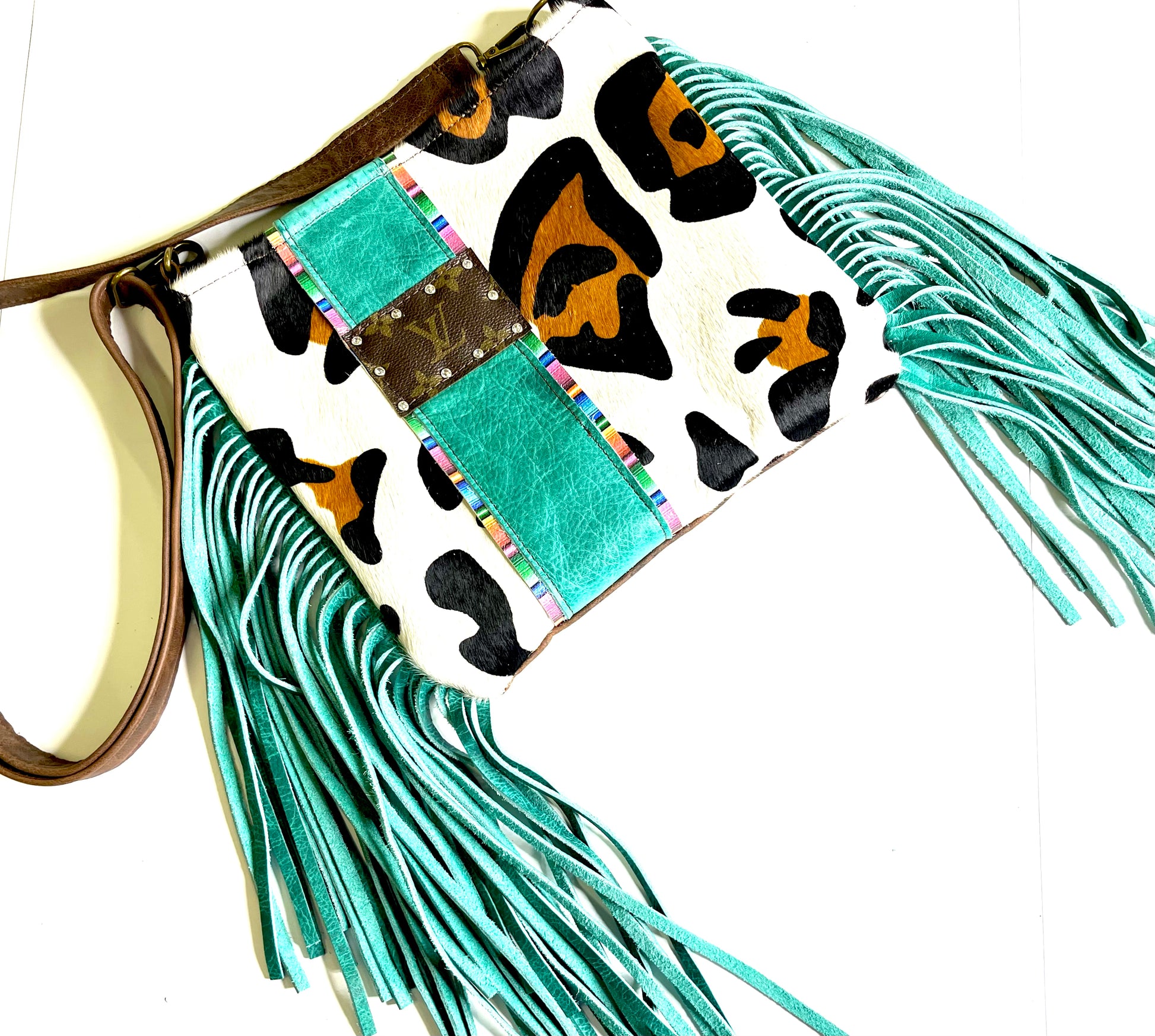 Medium Crossbody Xl leopard Leopard HOH in turquoise and serape rhinestone hardware - Patches Of Upcycling