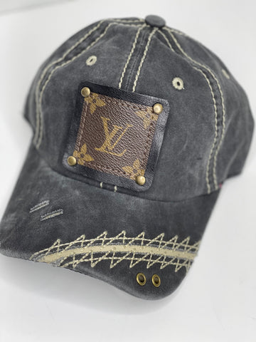 W9 - Faded black Baseball with a Off white Zig Zag Stitching black/ Antique - Patches Of Upcycling