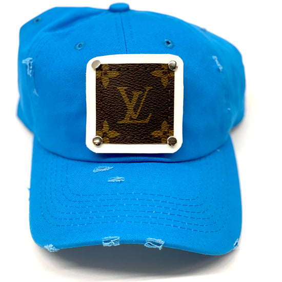 GG15 - Bright Blue Distressed Dad Hat White/Silver - Patches Of Upcycling