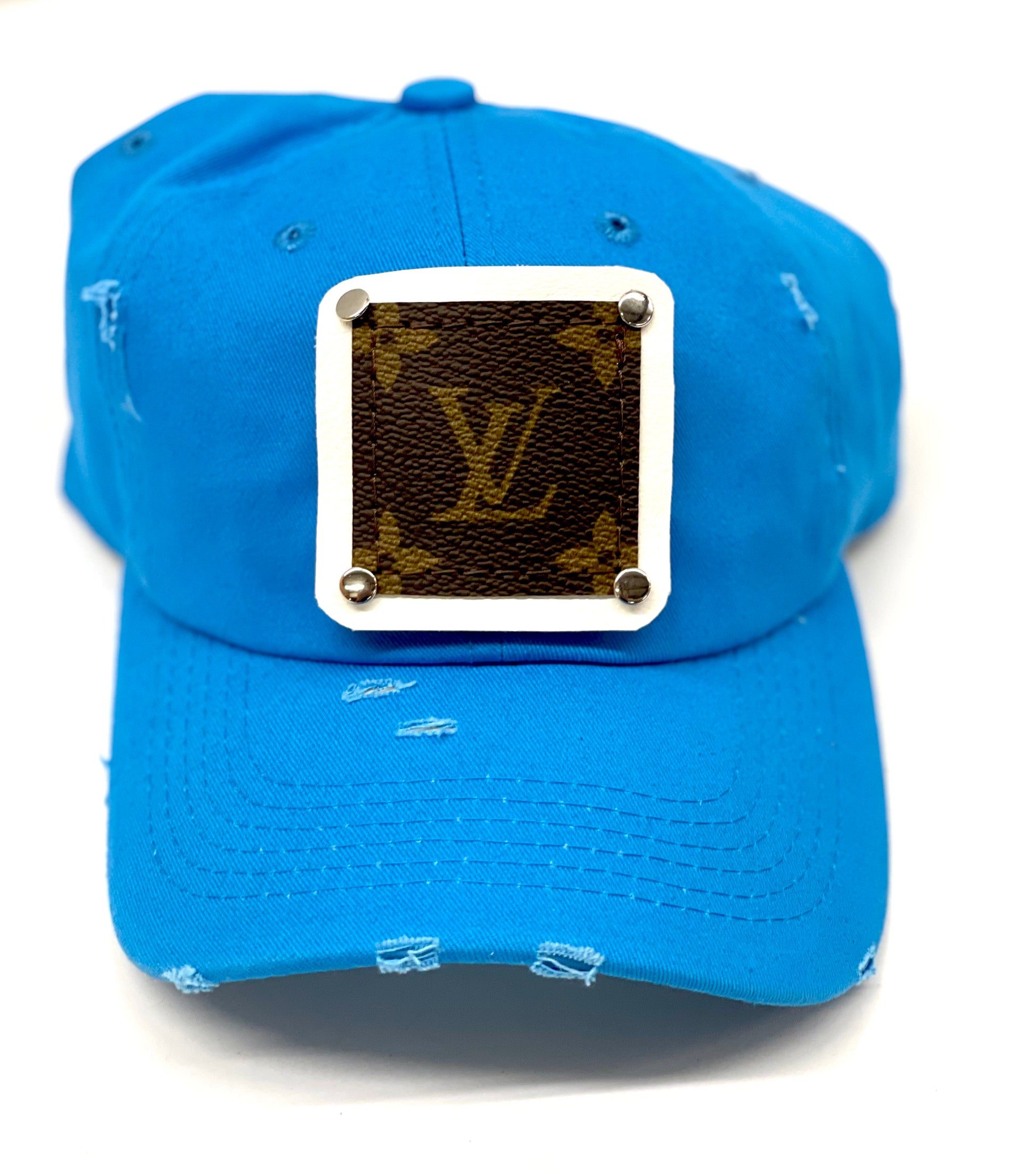GG15 - Bright Blue Distressed Dad Hat White/Silver - Patches Of Upcycling