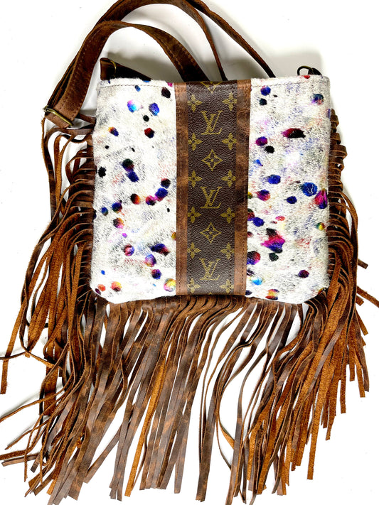 Medium Crossbody - white Acid Raimbow- brown strip - Patches Of Upcycling