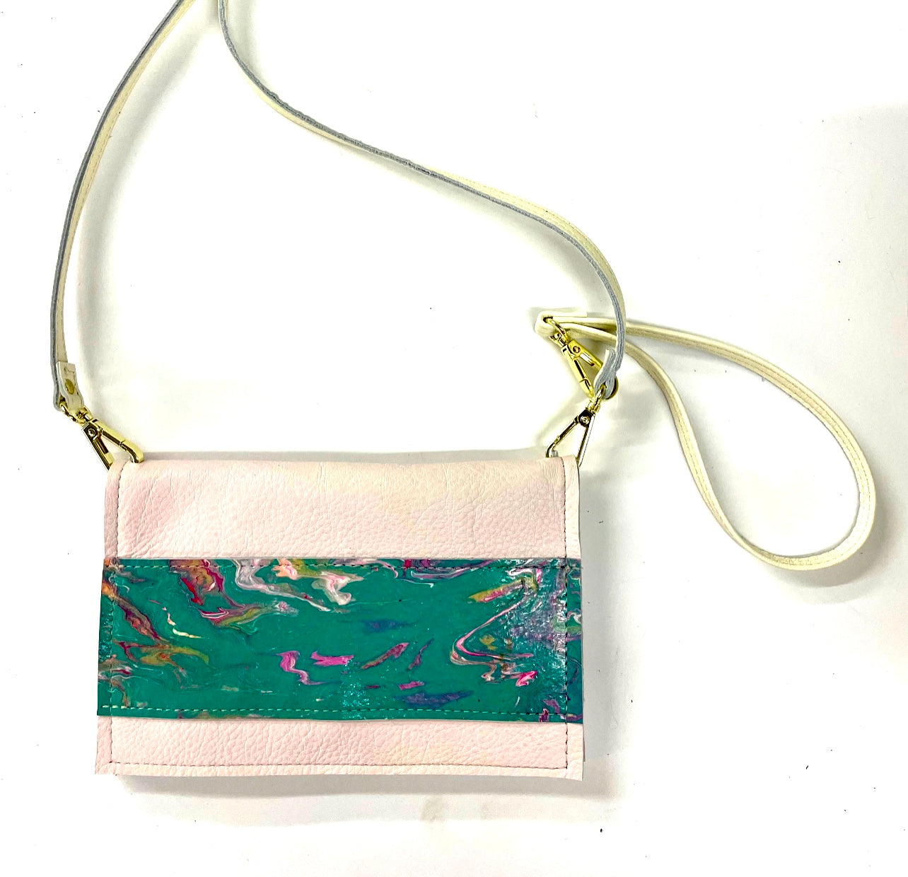 Small Crossbody Kaleidoscope soft pink with mostly green - Patches Of Upcycling