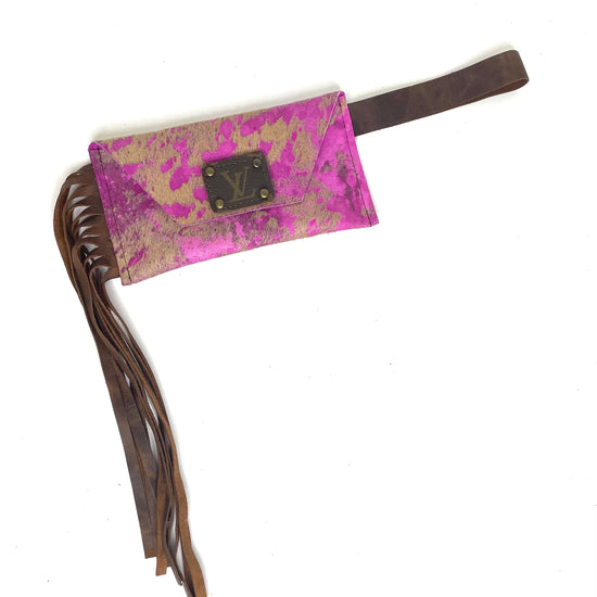Petite Snap Wristlet with fringe in pink & tan acid wash - Patches Of Upcycling