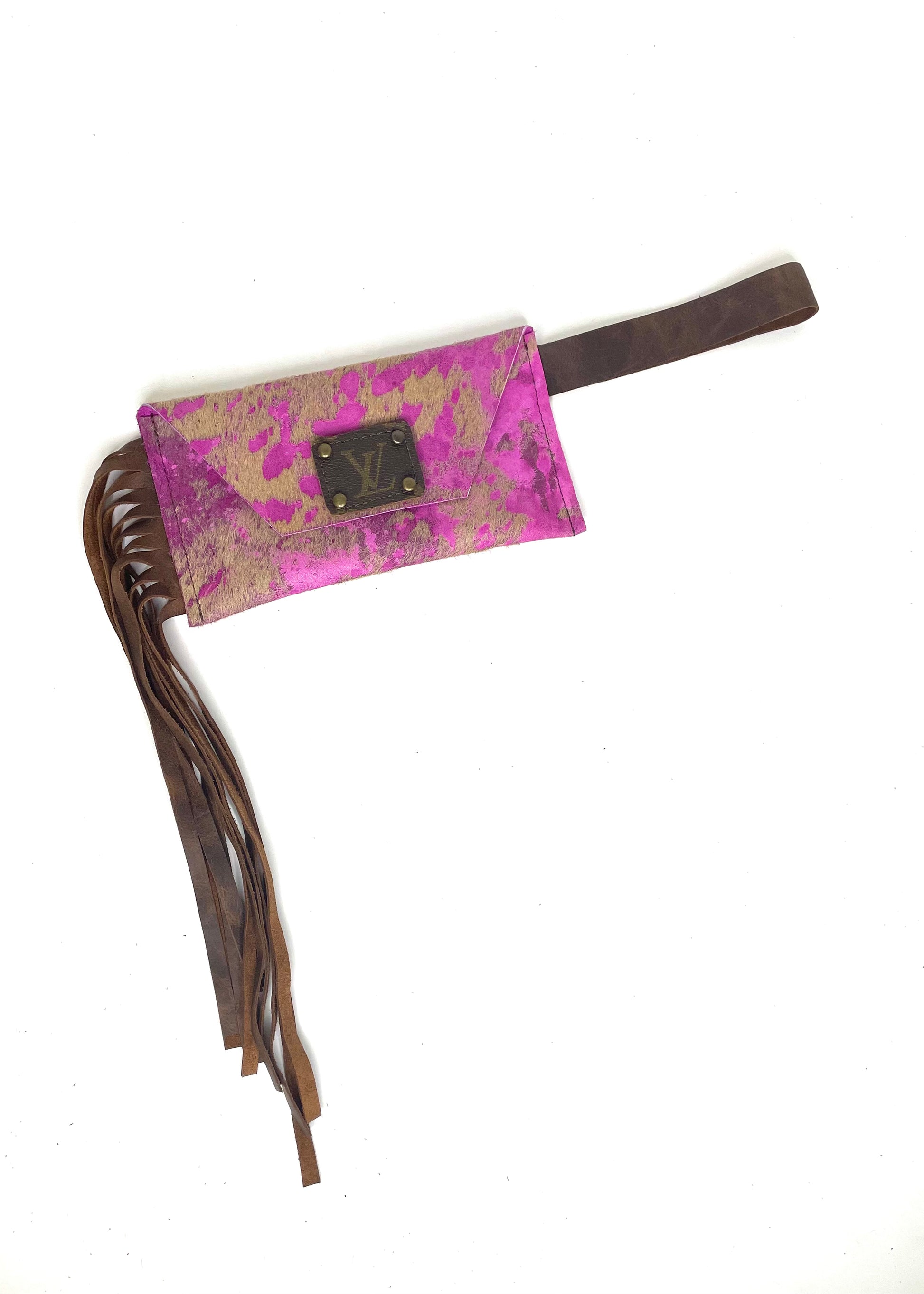 Petite Snap Wristlet with fringe in pink & tan acid wash - Patches Of Upcycling