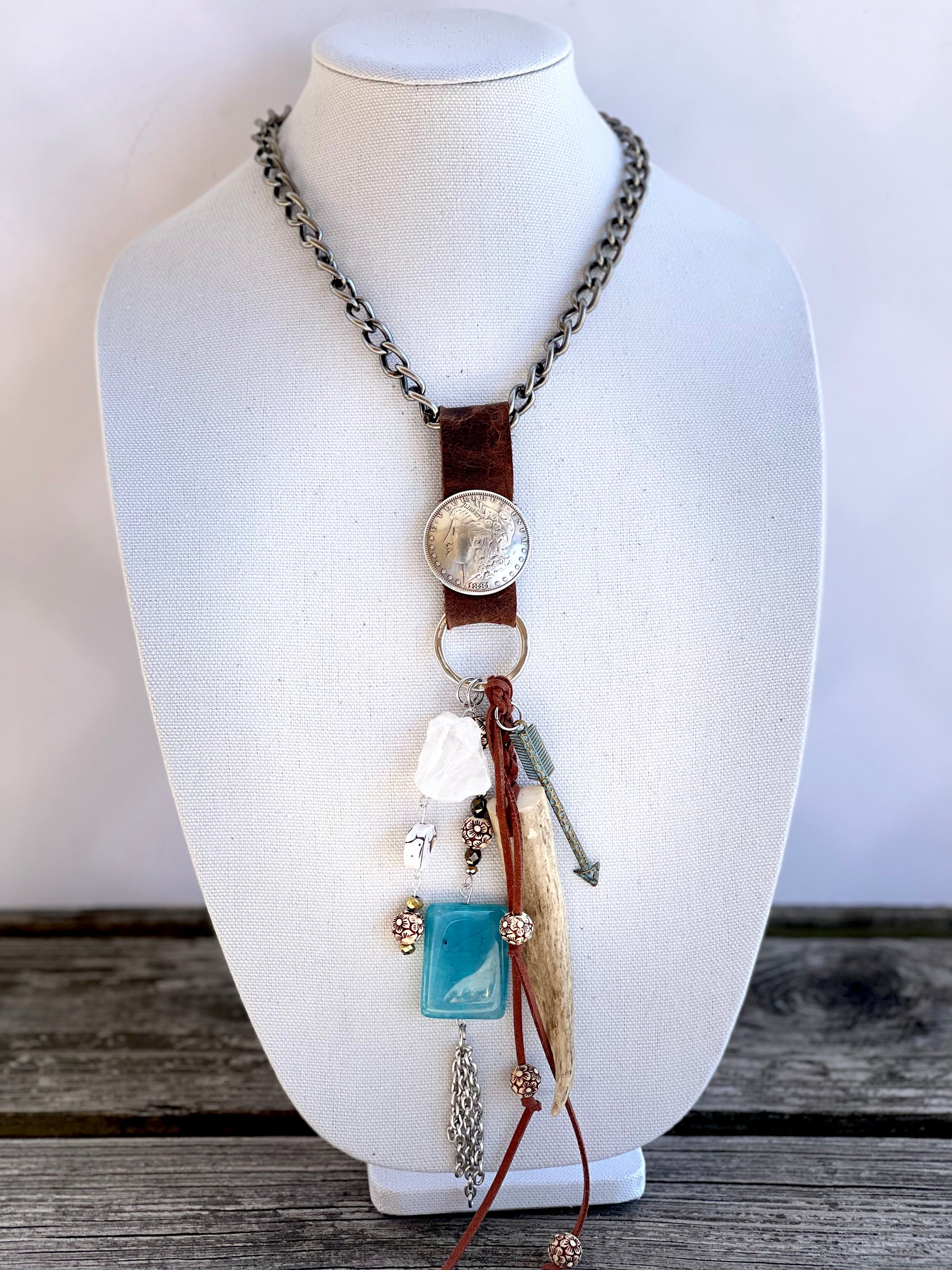 Limited Edition 1 of a kind Upcycled Leather chunky necklace with Deer Antler and other statement pieces - Patches Of Upcycling