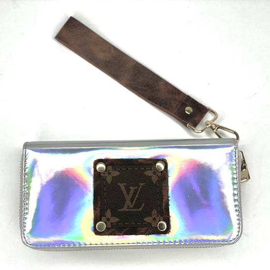 Metallic silver double wristlet wallet (brown patch, gold hardware) - Patches Of Upcycling