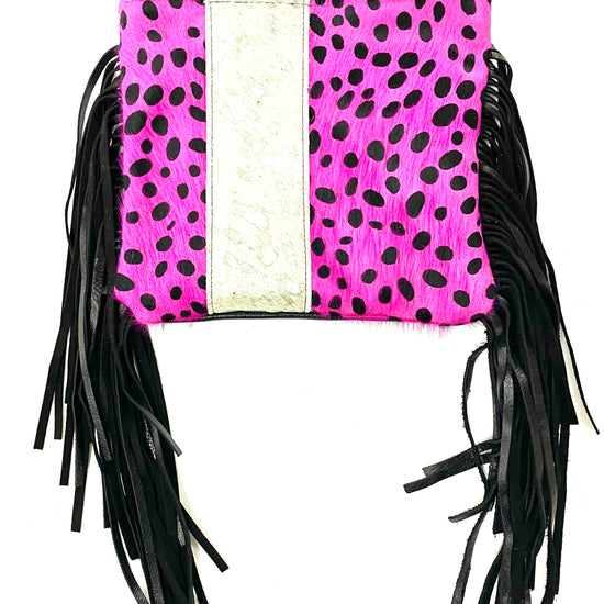 Medium Crossbody in pink pony/Dalmatian with silver acid wash strip - Patches Of Upcycling