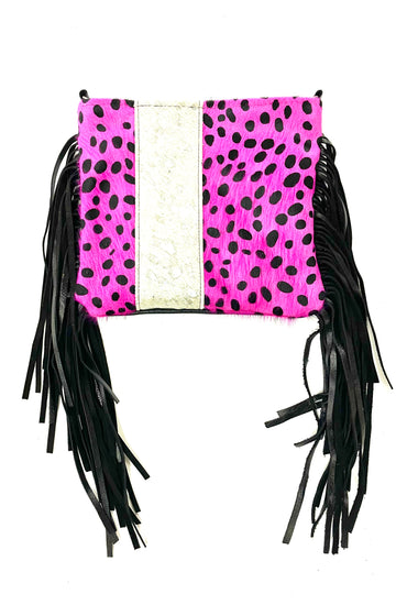 Medium Crossbody in pink pony/Dalmatian with silver acid wash strip - Patches Of Upcycling