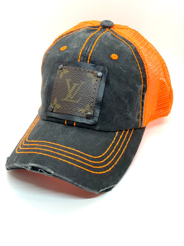 PP7 - Faded Black Distressed Trucker with Orange back Black/Black - Patches Of Upcycling