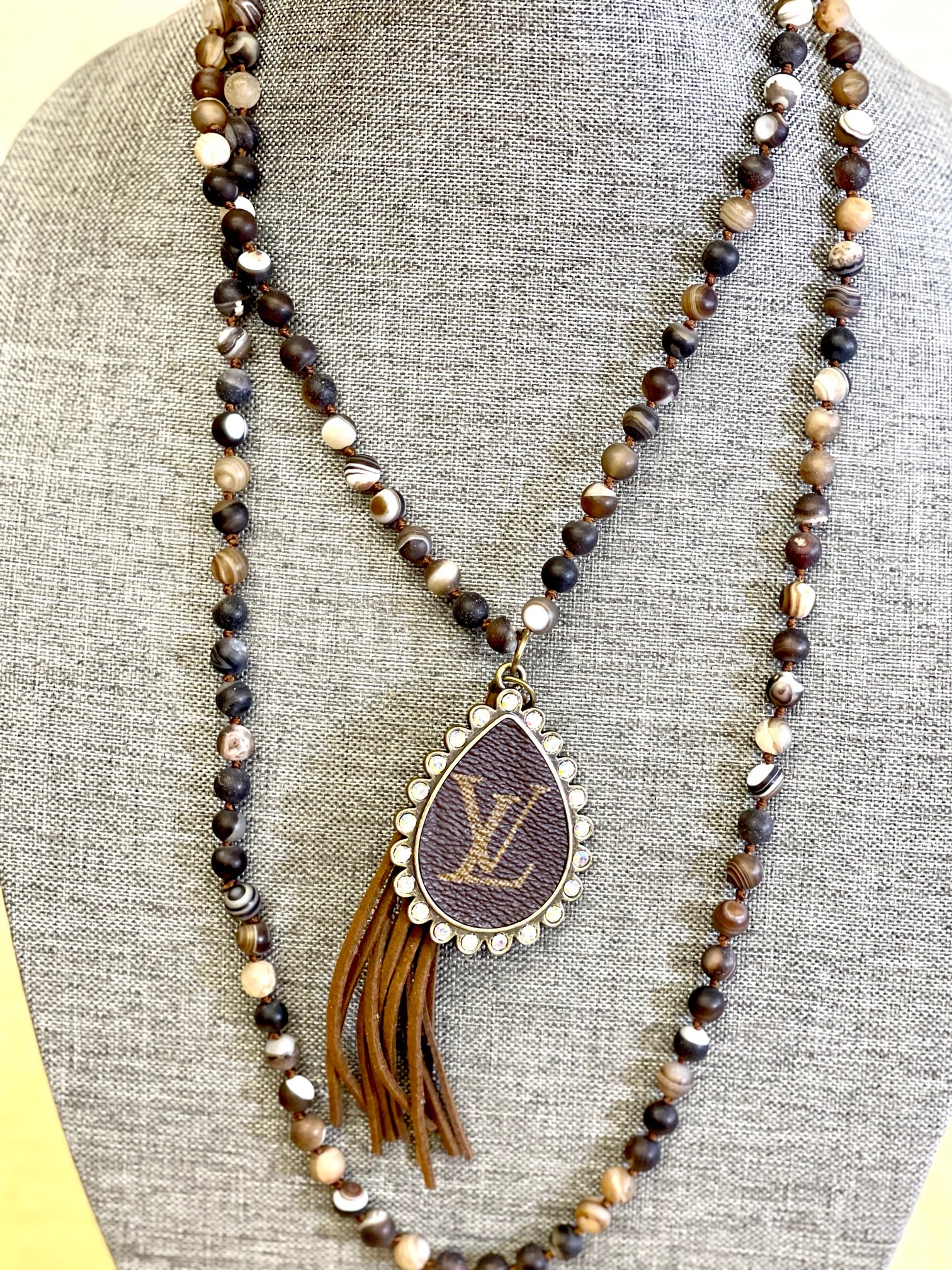 Stone- Black & brown swirl necklace with large teardrop pendant - Patches Of Upcycling