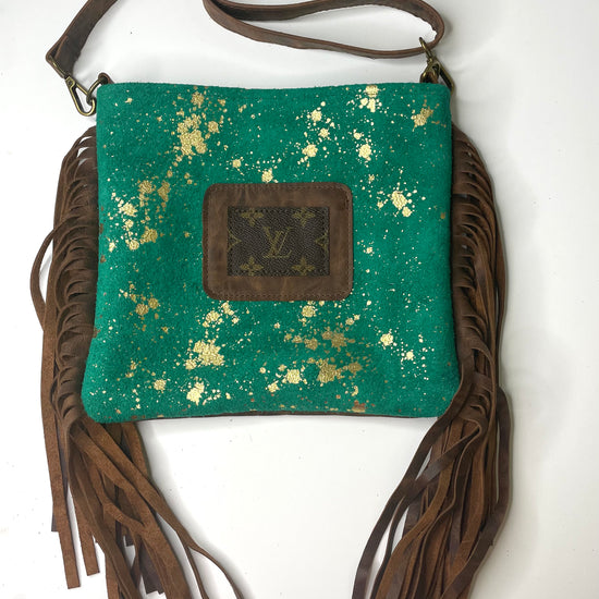 Medium Crossbody - green with gold acid (Patch) - Patches Of Upcycling