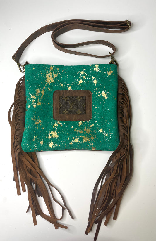 Medium Crossbody - green with gold acid (Patch) - Patches Of Upcycling
