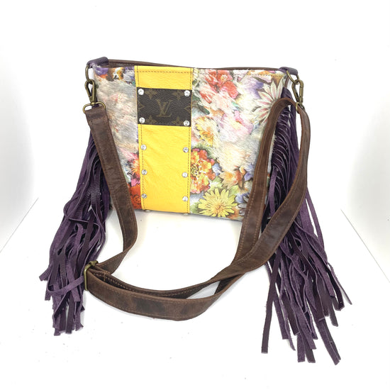 Medium Crossbody in faded floral, yellow strip, & LV patch - Patches Of Upcycling