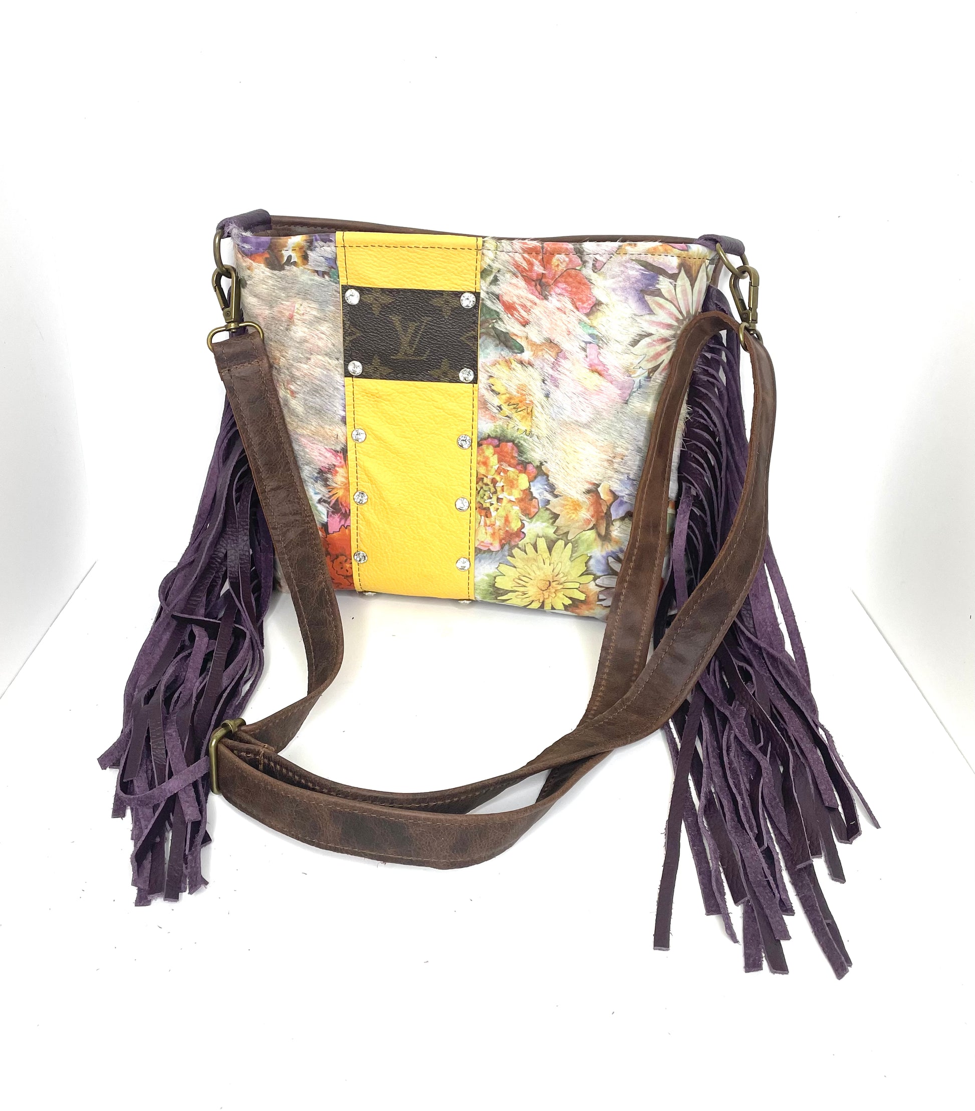Medium Crossbody in faded floral, yellow strip, & LV patch - Patches Of Upcycling