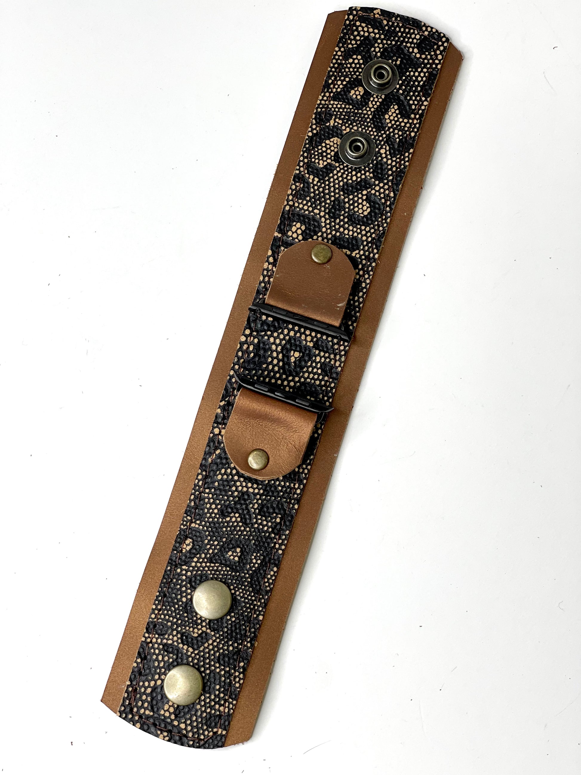 iwatch band with snaps brown leather with snakeskin accents (large) - Patches Of Upcycling