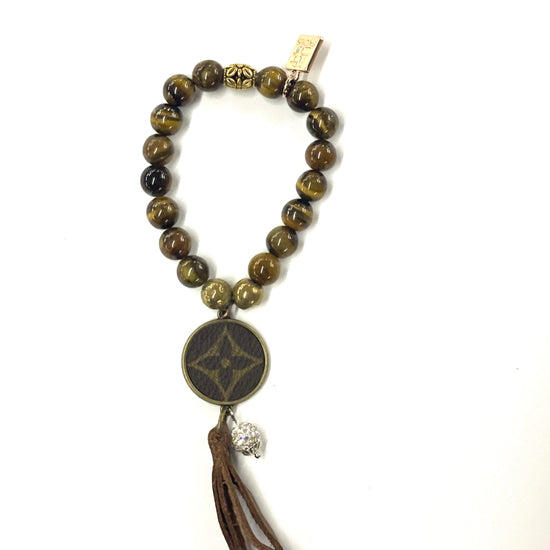 Hand beaded tiger eye stretchy bracelet with gold pendant & fringe - Patches Of Upcycling